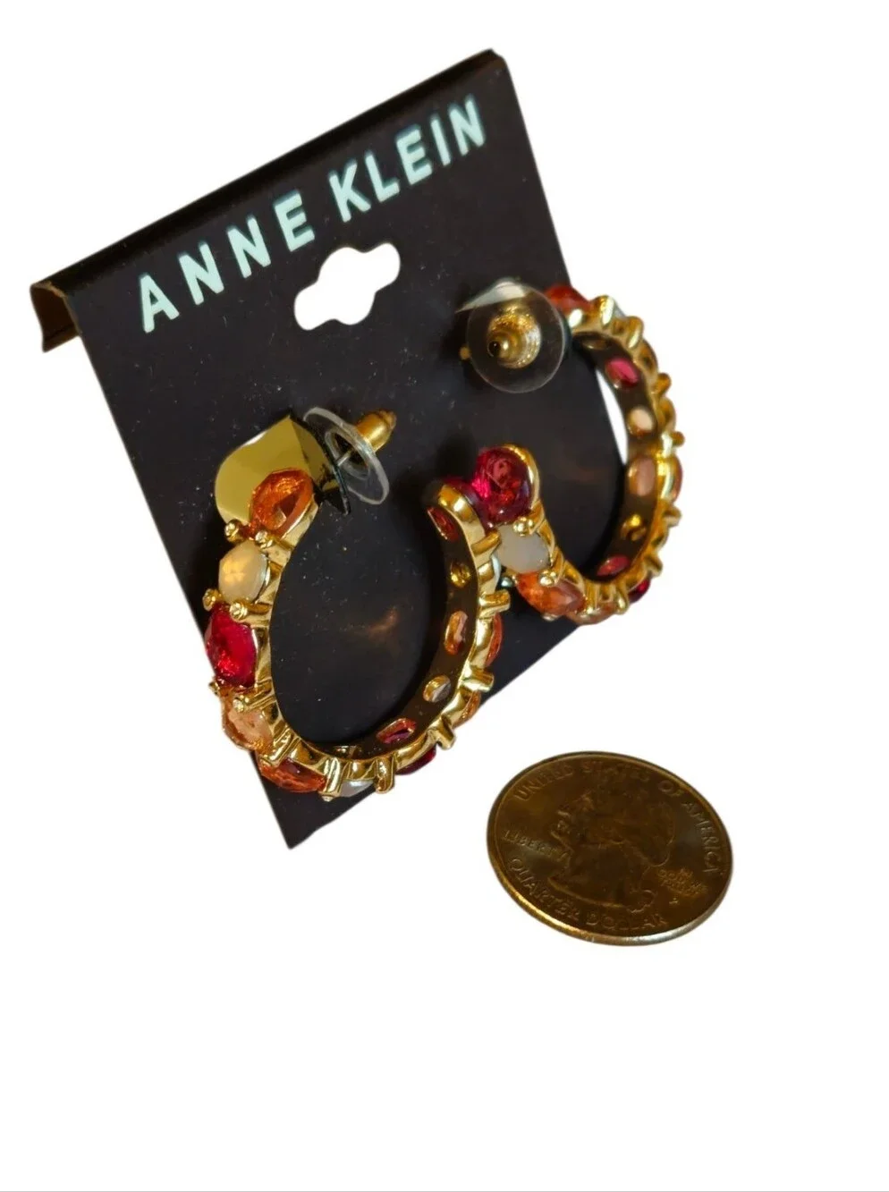 🍂AUTUMN COLORS Anne Klein Crystal-filled Gold-tone Hoop Earrings NWOT